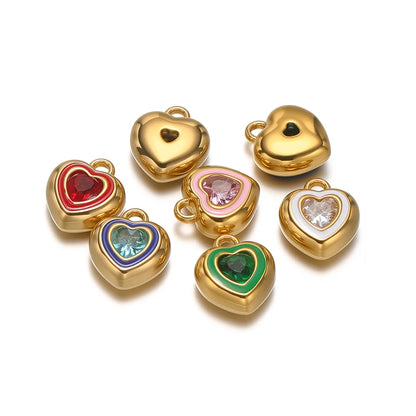 New Design Luxury Stainless Steel 18k Gold Plated Enamel Sweet Heart Zircon Charms Pendant for Diy Jewelry Necklace Making