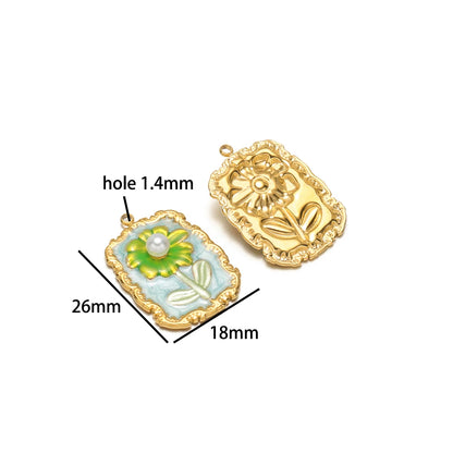 Exquisite Oil Drop Painted Flower Charm 18k Gold Plated Stainless Steel Enamel Round Square Pendant for Necklace Jewelry Making