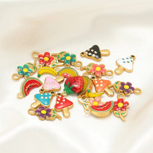 New Exquisite Creative Charm 18k Gold Plated Stainless Steel Enamel Fruit Charm Pendant for DIY Handmade Necklace Jewelry Making