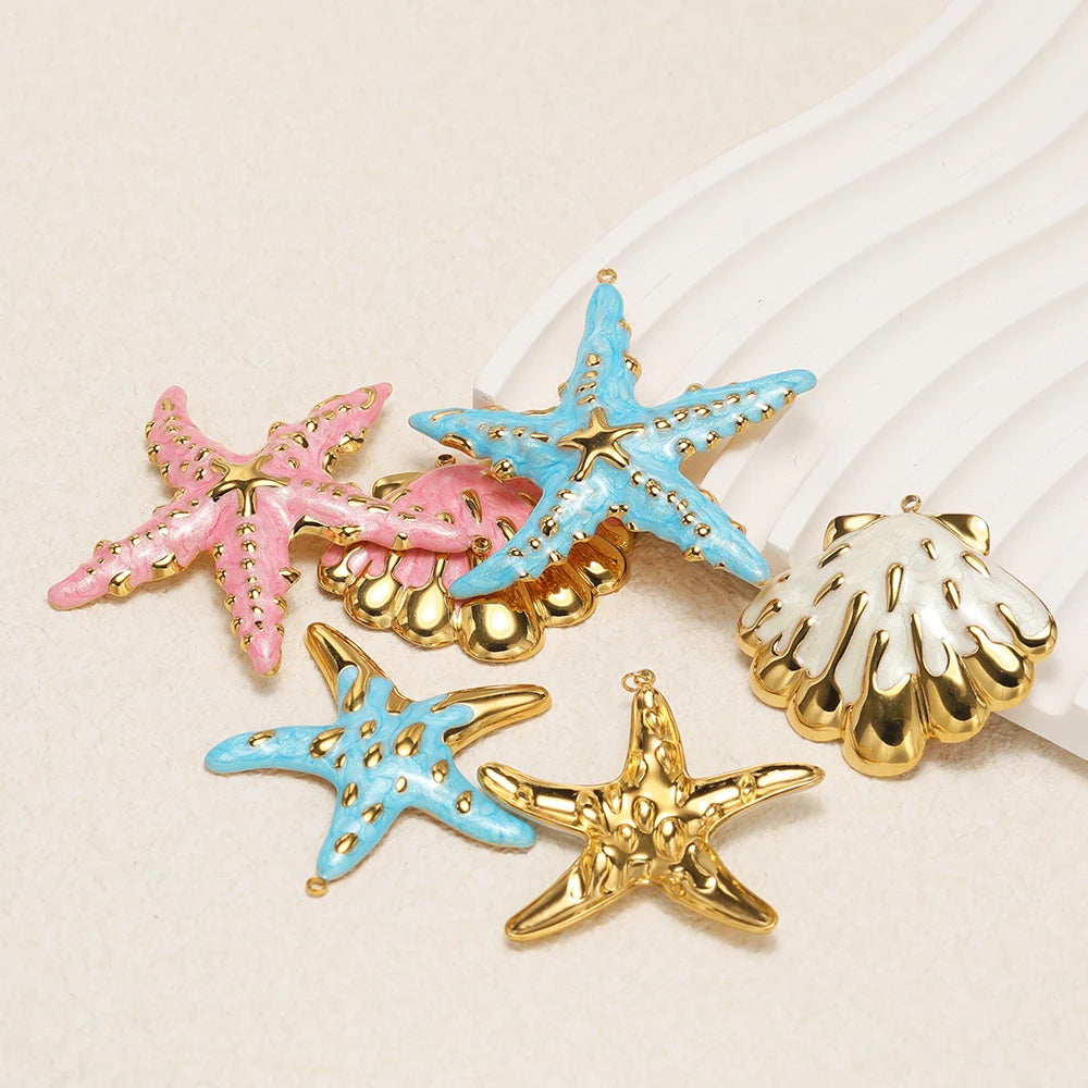 New Ocean Themed Stainless Steel 18k Gold Plated Enamel Shell Starfish Charm Pendant for Diy Jewelry Making Wholesale