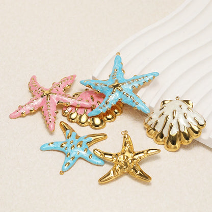 New Ocean Themed Stainless Steel 18k Gold Plated Enamel Shell Starfish Charm Pendant for Diy Jewelry Making Wholesale