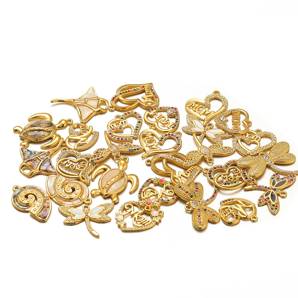 High Quality Stainless Steel Gold Plated Enamel Turtle Conch Starfish Dragonfly Heart Charms Pendant for Jewelry Necklace Making
