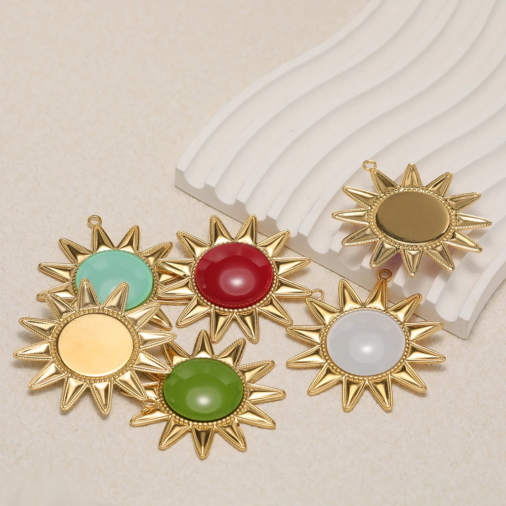 New Bohemian Retro Stainless Steel Gold Plated Big Sun Gemstone Charm Pendant for Earring Jewelry Making Accessories