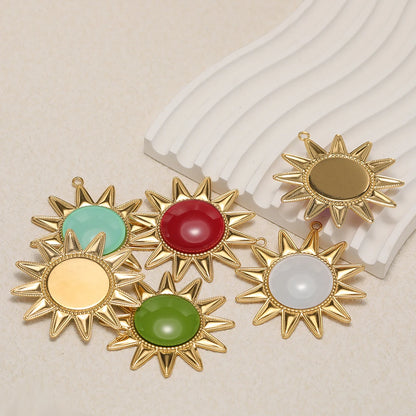 New Bohemian Retro Stainless Steel Gold Plated Big Sun Gemstone Charm Pendant for Earring Jewelry Making Accessories