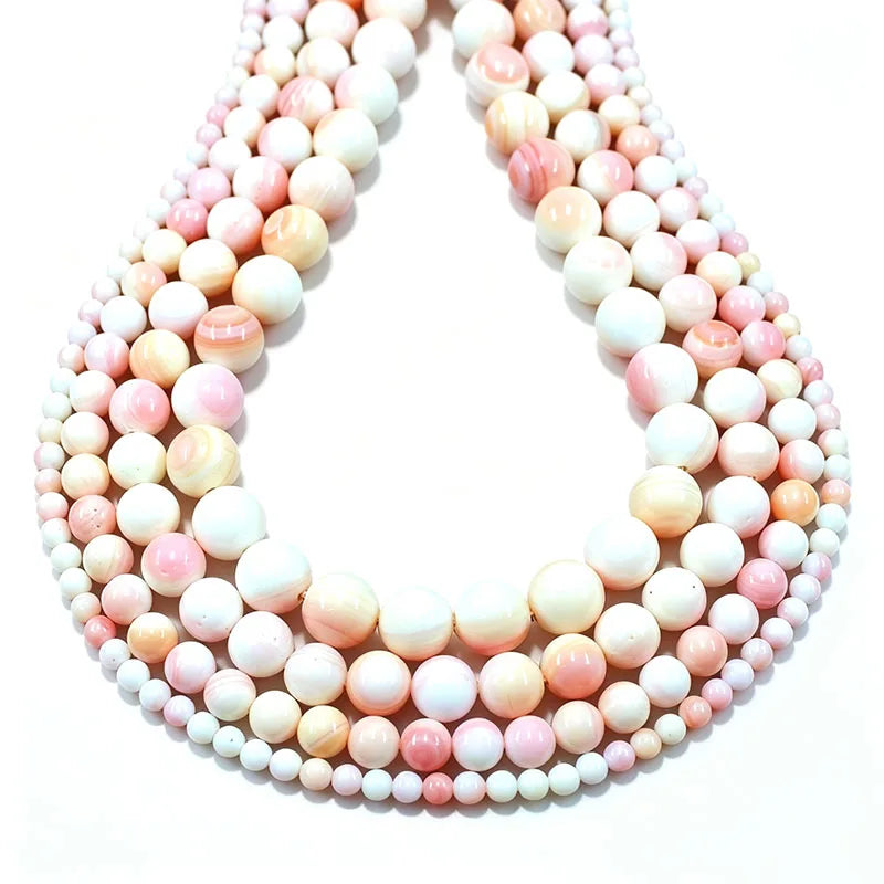 New Polish Round Light Pink Queen Conch Shell Loose Beads for DIY Jewelry Making 4mm 6mm 8mm 10mm 12mm, Length 38cm 15"
