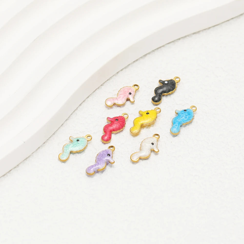 Fashion 18k Gold Plated Stainless Steel Enamel Sea Horse Charm Pendant for Handmade Necklace Jewelry Making