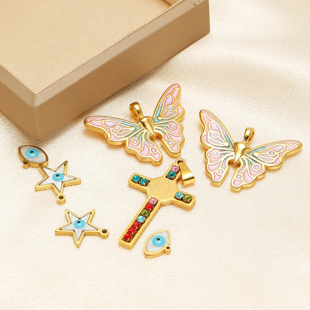 New Style 18k Gold Plated Stainless Steel Cross Star Butterfly Eye Enamel Zircon Charm Pendant for Jewelry Making Accessories