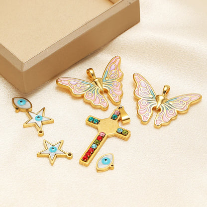 New Style 18k Gold Plated Stainless Steel Cross Star Butterfly Eye Enamel Zircon Charm Pendant for Jewelry Making Accessories