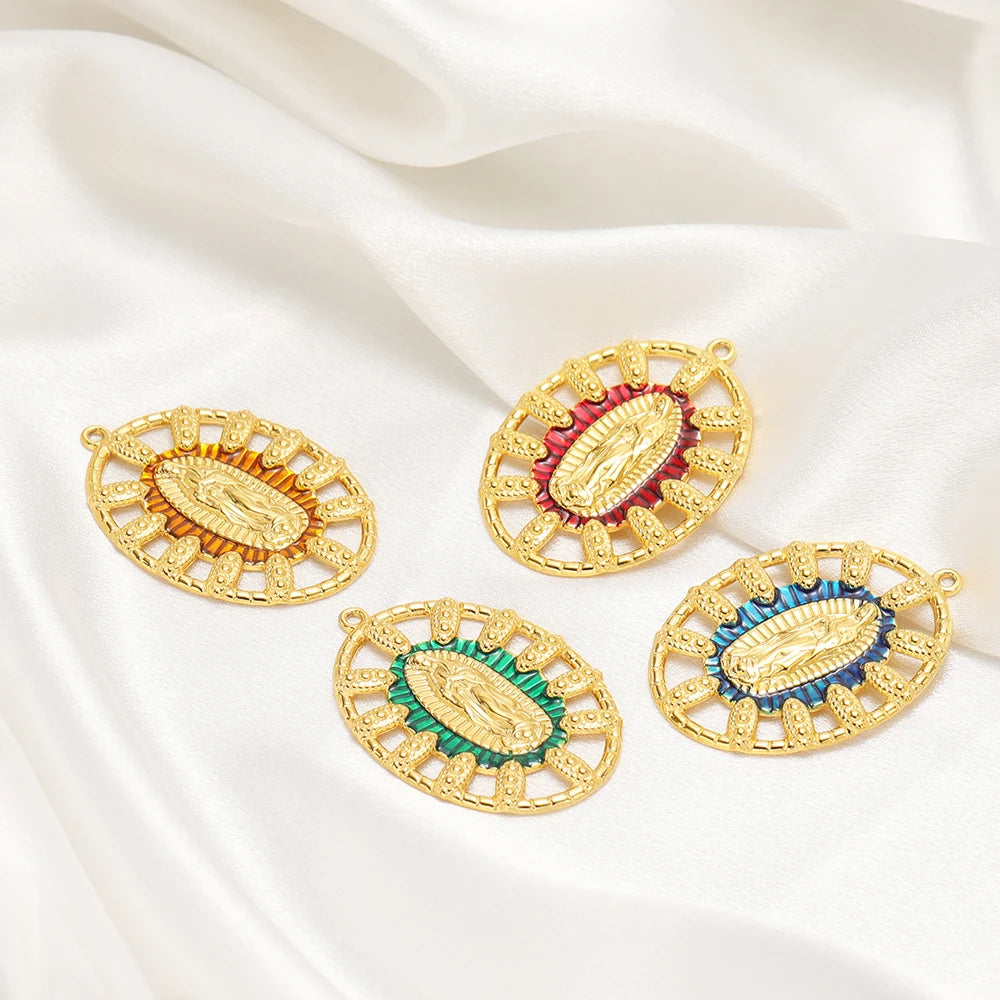 Trendy Religious Jewelry 18k Gold Plated Stainless Steel Hollow Enamel Oval Jesus Charm Pendant for DIY Necklace Jewelry Making