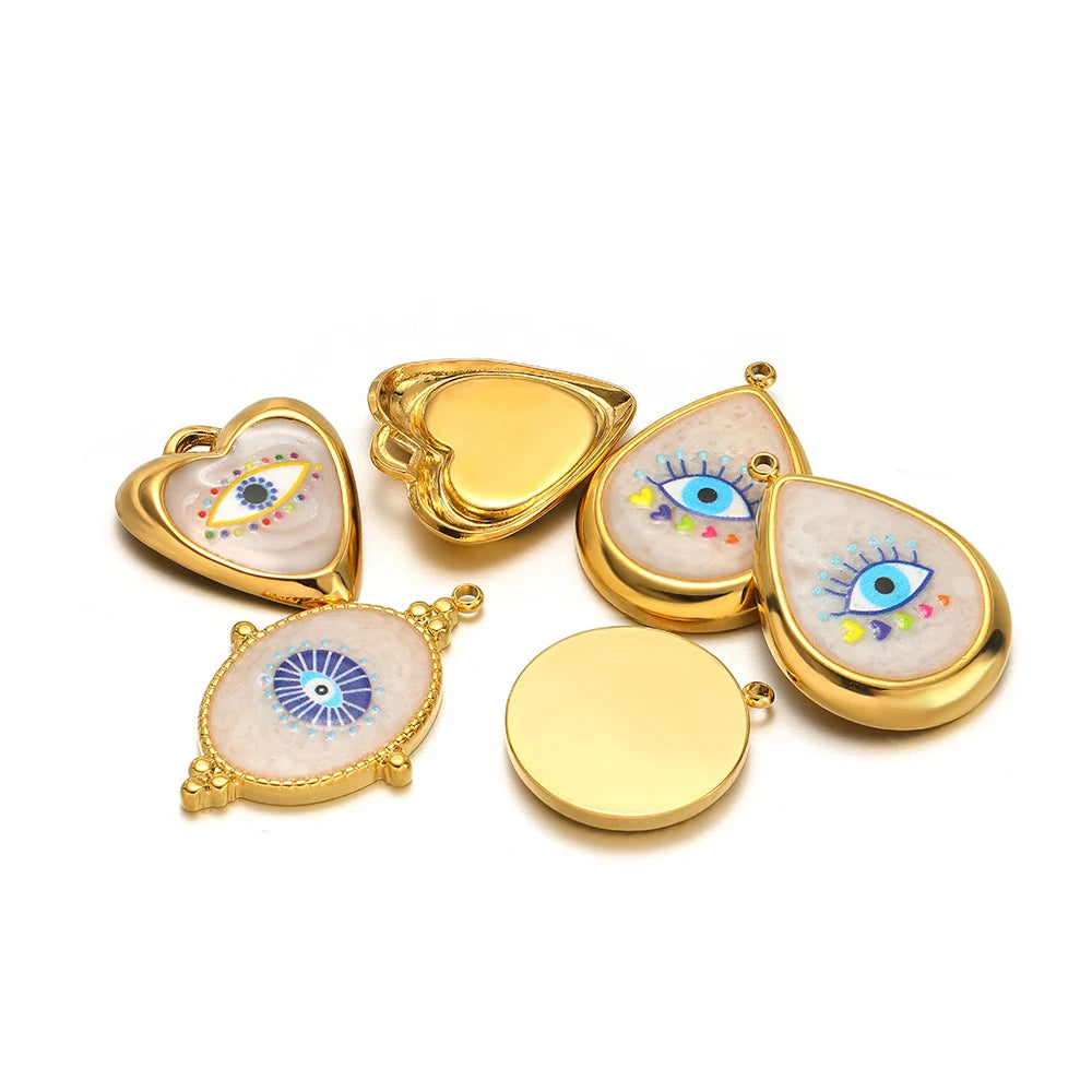 Vintage Blue Eye Pendant Stainless Steel Gold Plated Dripping Oil Eyes Heart Oval Charm Pendant for DIY Jewelry Making Wholesale