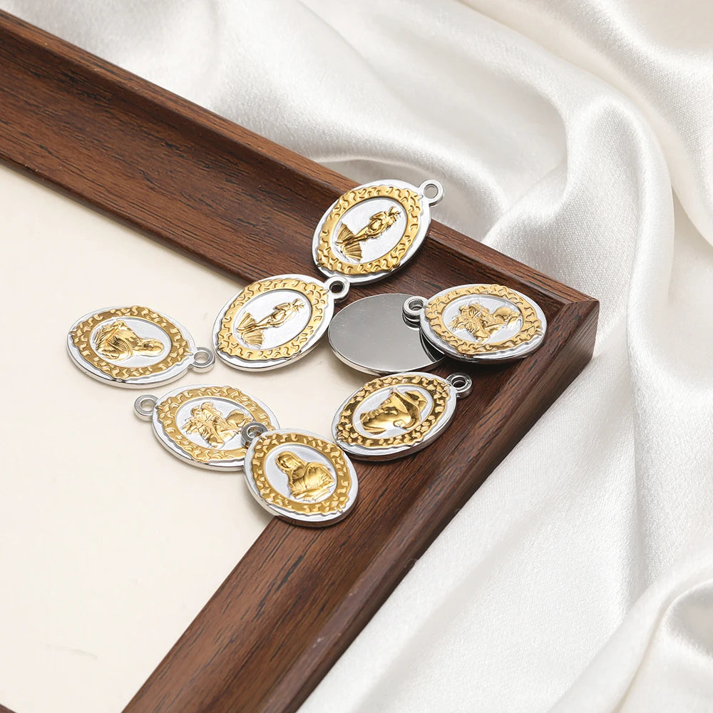 Vintage Stainless Steel 18k Gold Plated Religious Virgin Mary Figure Oval Charms Pendant for DIY Jewelry Necklace Making