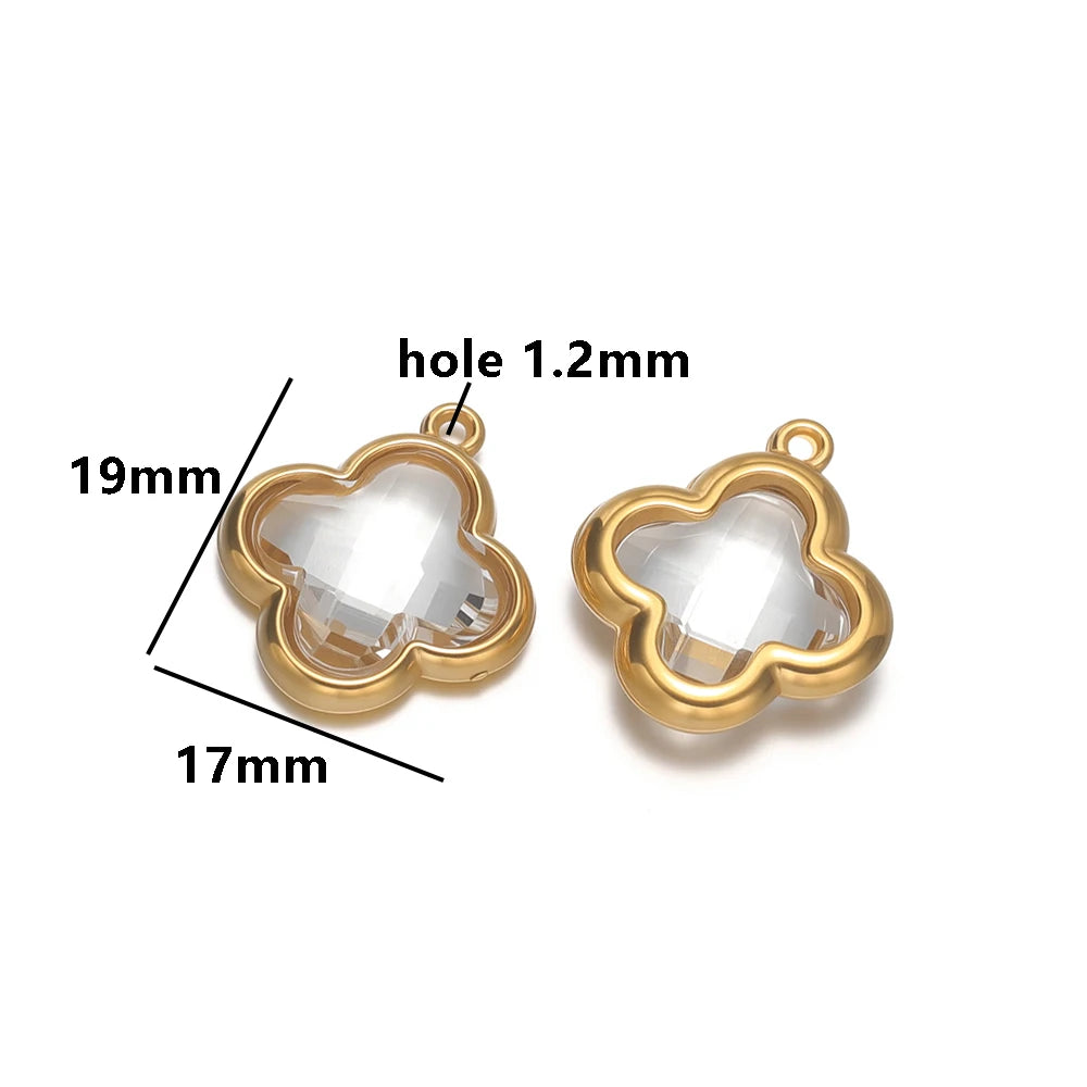 Wholesale 18k Gold Plated Stainless Steel Crystal Zircon Four Leaf Clover Charm Pendant for DIY Necklace Jewelry Making