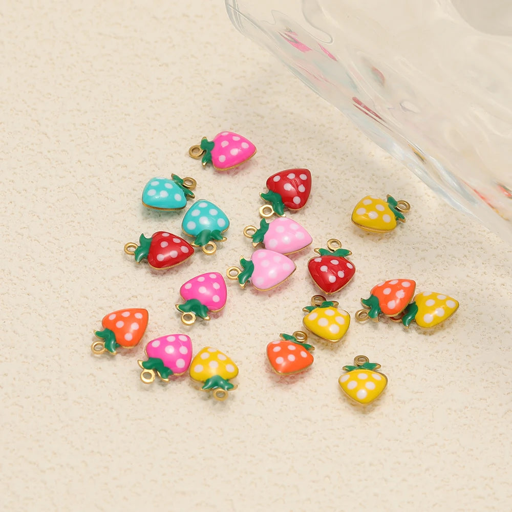 Trendy New Wholesale Stainless Steel 18k Gold Plated Enamel Strawberry Charm Pendant for Jewelry Necklace Making