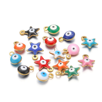 20pcs/bag  Stainless Steel 18K Gold Plated Colorful Enamel Round Star Charms Pendant for Jewelry Findings & Components