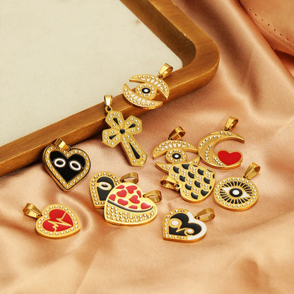 Women's Fashion Accessory Stainless Steel Gold Plated Enamel Eyes Heart Cross Charm Pendant for DIY Jewelry Making