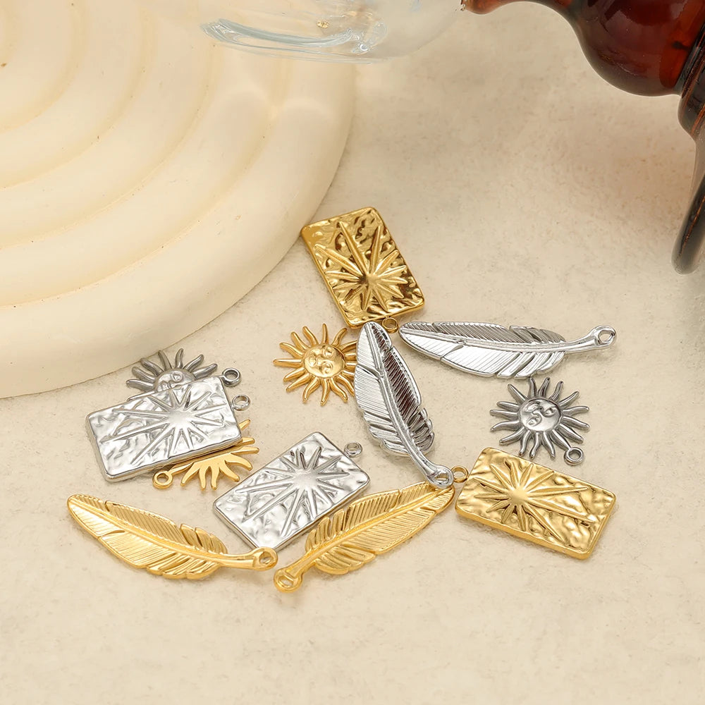 Vintage 18k Gold Plated Stainless Steel Rectangular Sun Feather Charm Pendant for Necklaces Jewelry Making