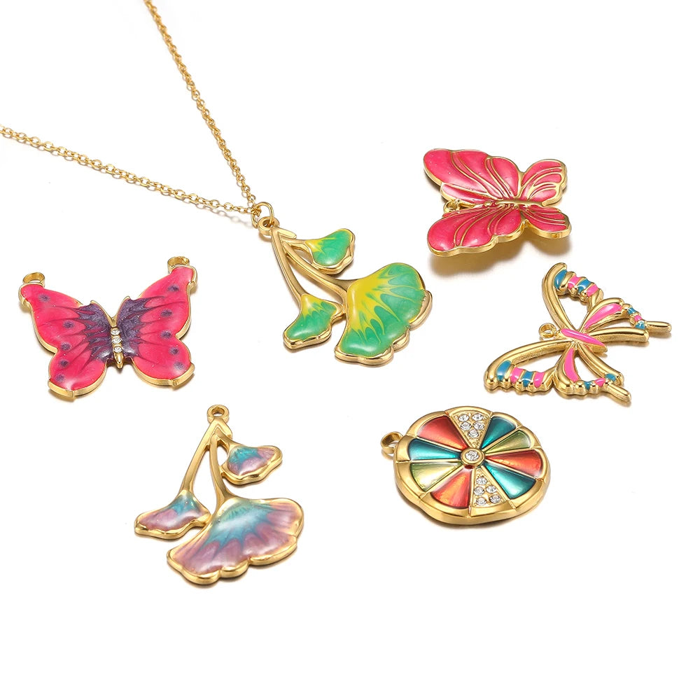 New Trendy Stainless Steel 18k Gold Plated Enamel Butterfly Leaves Flower Charm Pendants for Jewelry Necklace Making Accessories