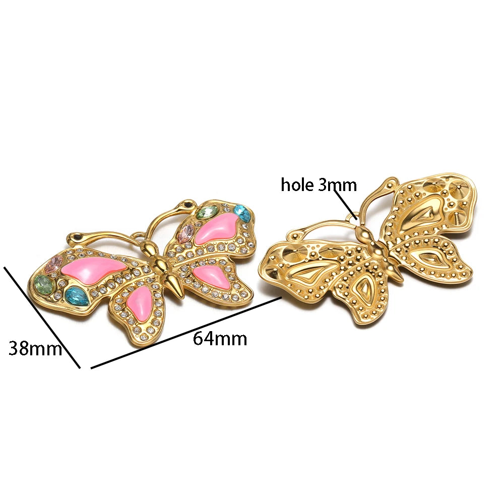 Exquisite French Pendant Stainless Steel Gold Plated Enamel Butterfly Zircon Charm Pendant for Diy Jewelry Making