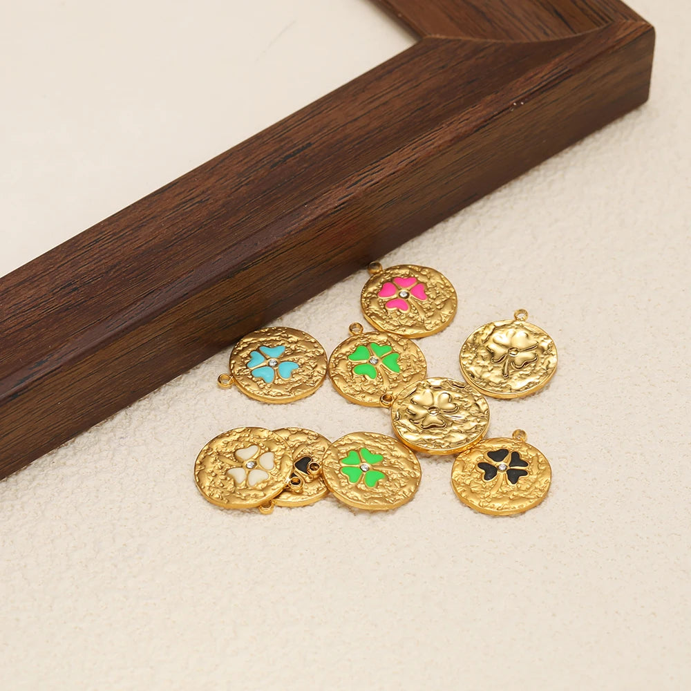 New Product Stainless Steel 18k Gold Plated Enamel Four Leaf Clover Crumpled Round Charm Pendant for Jewelry Necklace Making