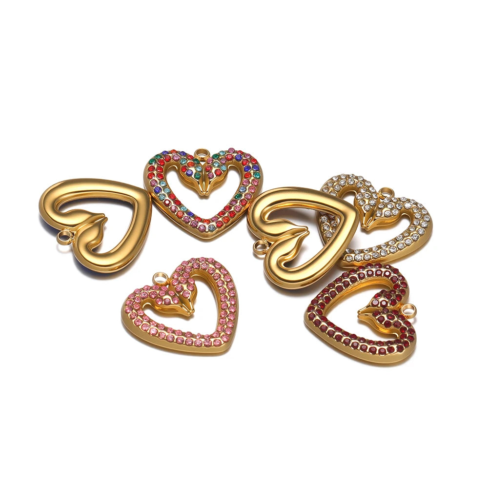 Wholesale Stainless Steel Gold Plated Two Snakes Colored Zircon Hollow Heart Charm Pendant for Necklace Jewelry Making