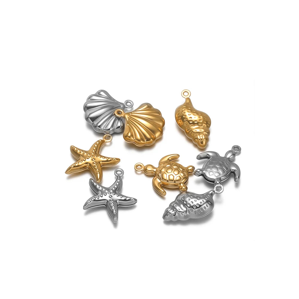 Vintage Stainless Steel 18k Gold Plated Shell Starfish Sea Turtle Sea Snail Charm Pendant for Jewelry Necklace Making