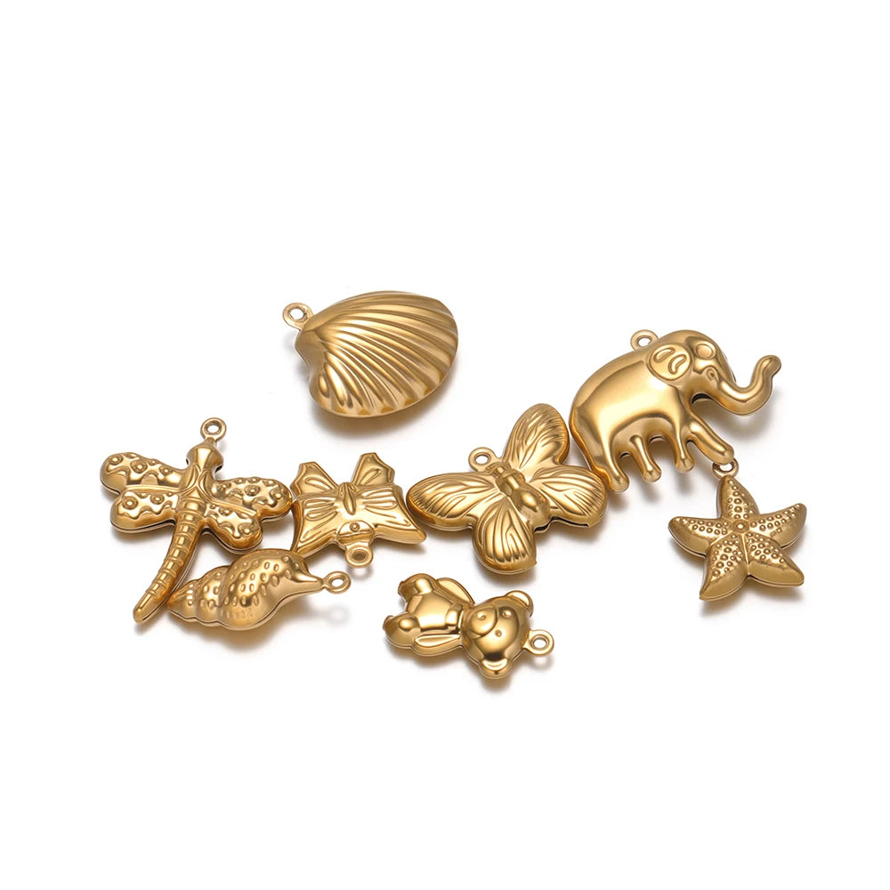 High Quality 18k Gold Plated Stainless Steel Hollow Conch Shell butterfly Starfish Charm Pendant for DIY Necklace Jewelry Making
