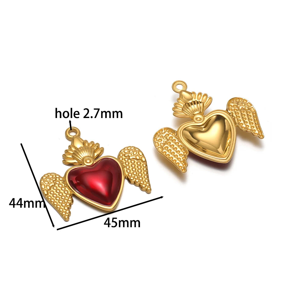 Fashion Design Stainless Steel 18k Gold Plated Red Enamel Heart Charm Pendant for Jewelry Necklace Making Accessories
