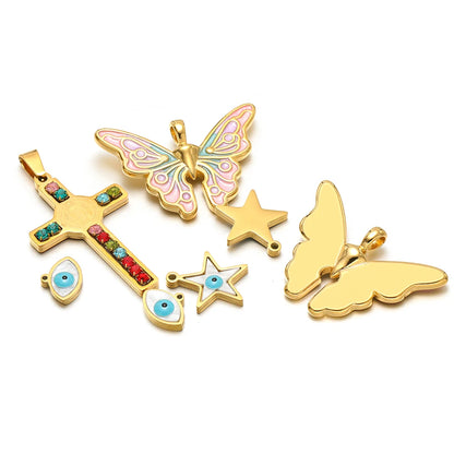 New Style 18k Gold Plated Stainless Steel Cross Star Butterfly Eye Enamel Zircon Charm Pendant for Jewelry Making Accessories