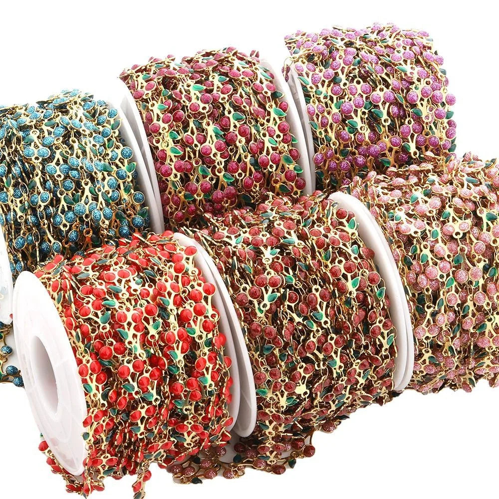 18k Gold Vacuum Plated Stainless Steel Chain Jewelry Making Colorful Enamel Cherry Fruit Beads Chain for Diy