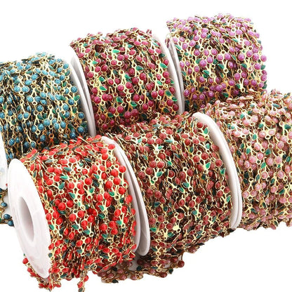 18k Gold Vacuum Plated Stainless Steel Chain Jewelry Making Colorful Enamel Cherry Fruit Beads Chain for Diy