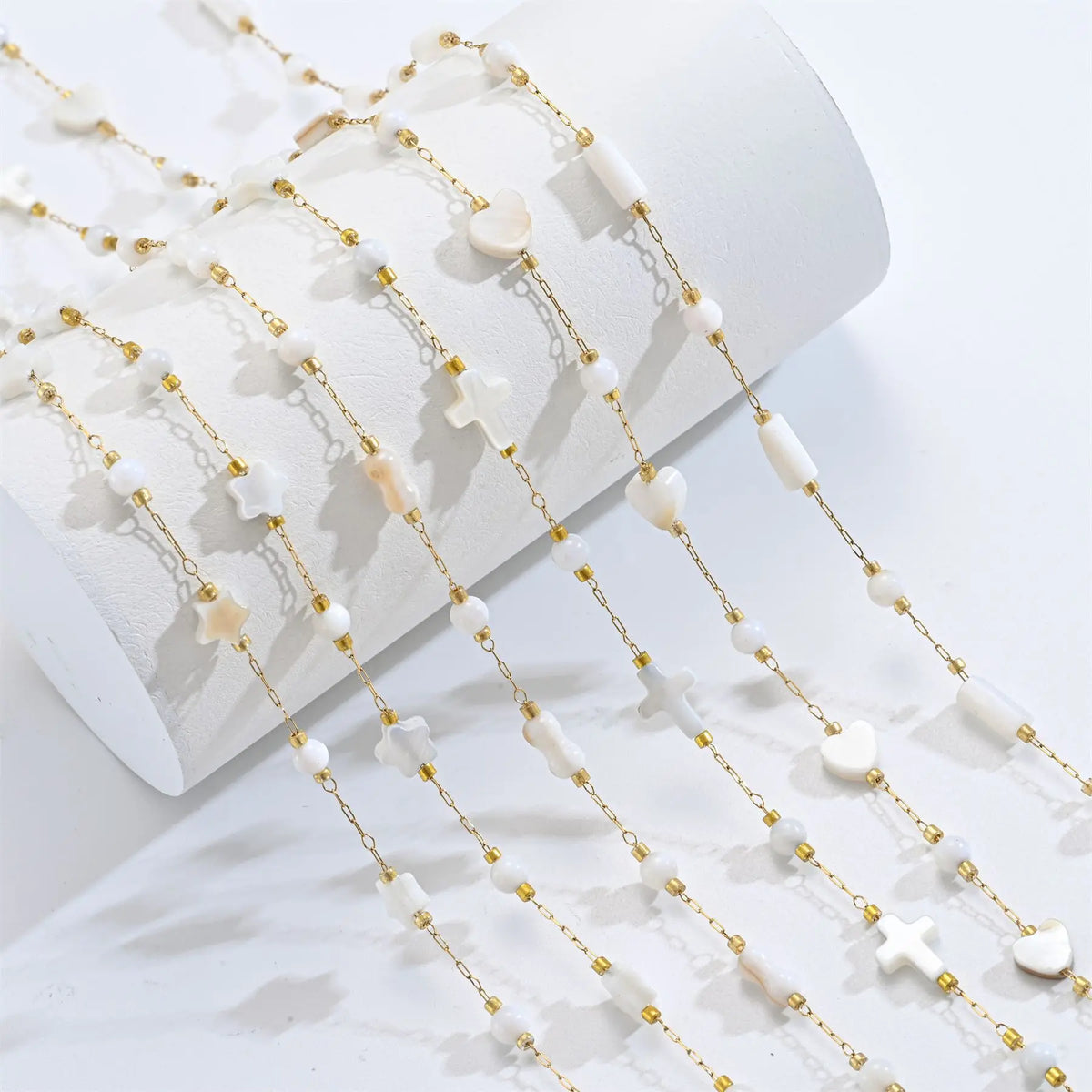 A3027 Amazing Cute Fashion Shell Beads Chain Roll Heart Star Cross Rosary Chain 18k Gold Plated for Necklace Bracelet Making