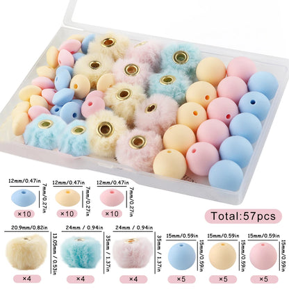 New 57pcs/Box Plush Fur Covered Ball Beads Round Lentil Beads Sets Bag For Jewelry Making DIY Pompom Pendant Necklace Earrings