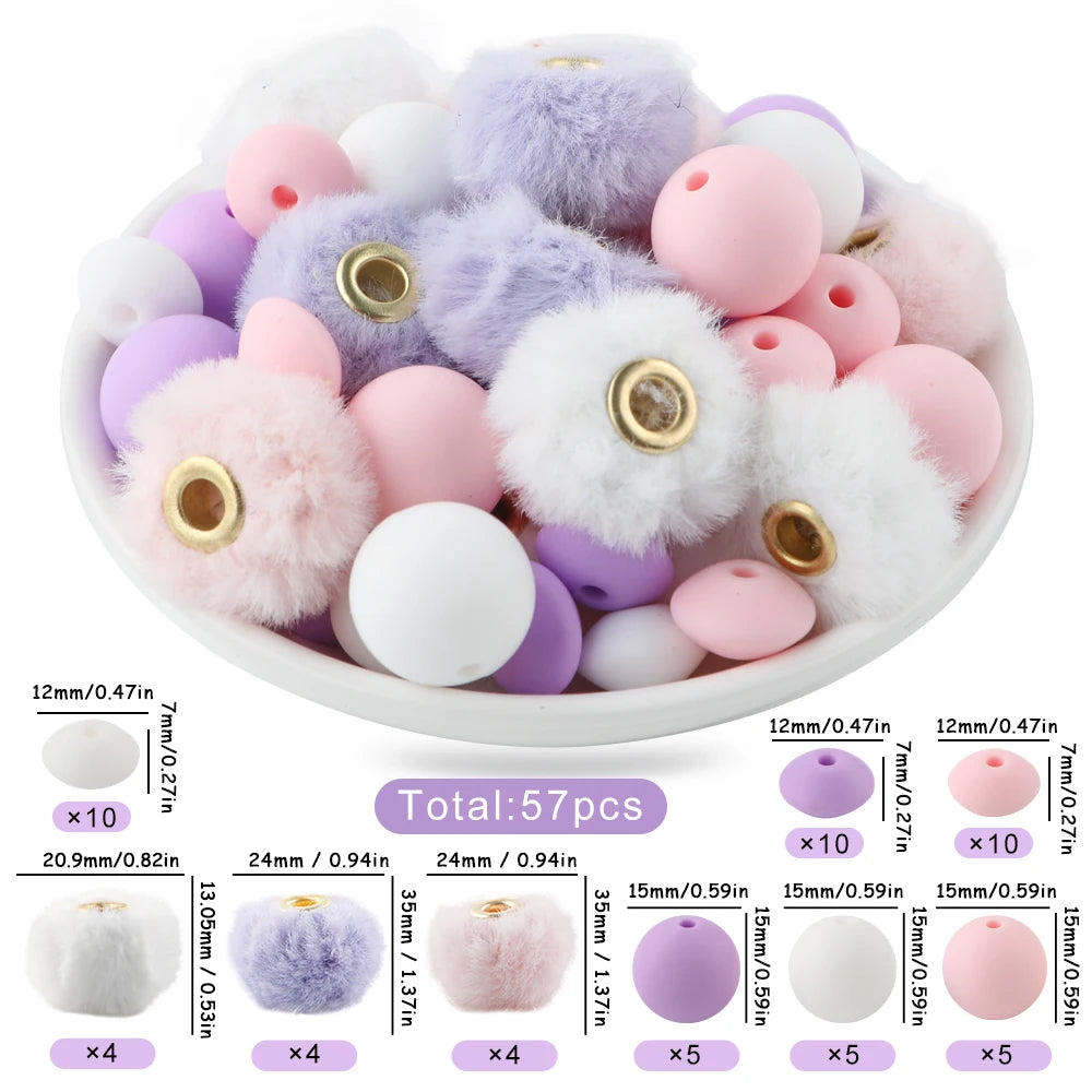 New 57pcs/Box Plush Fur Covered Ball Beads Round Lentil Beads Sets Bag For Jewelry Making DIY Pompom Pendant Necklace Earrings