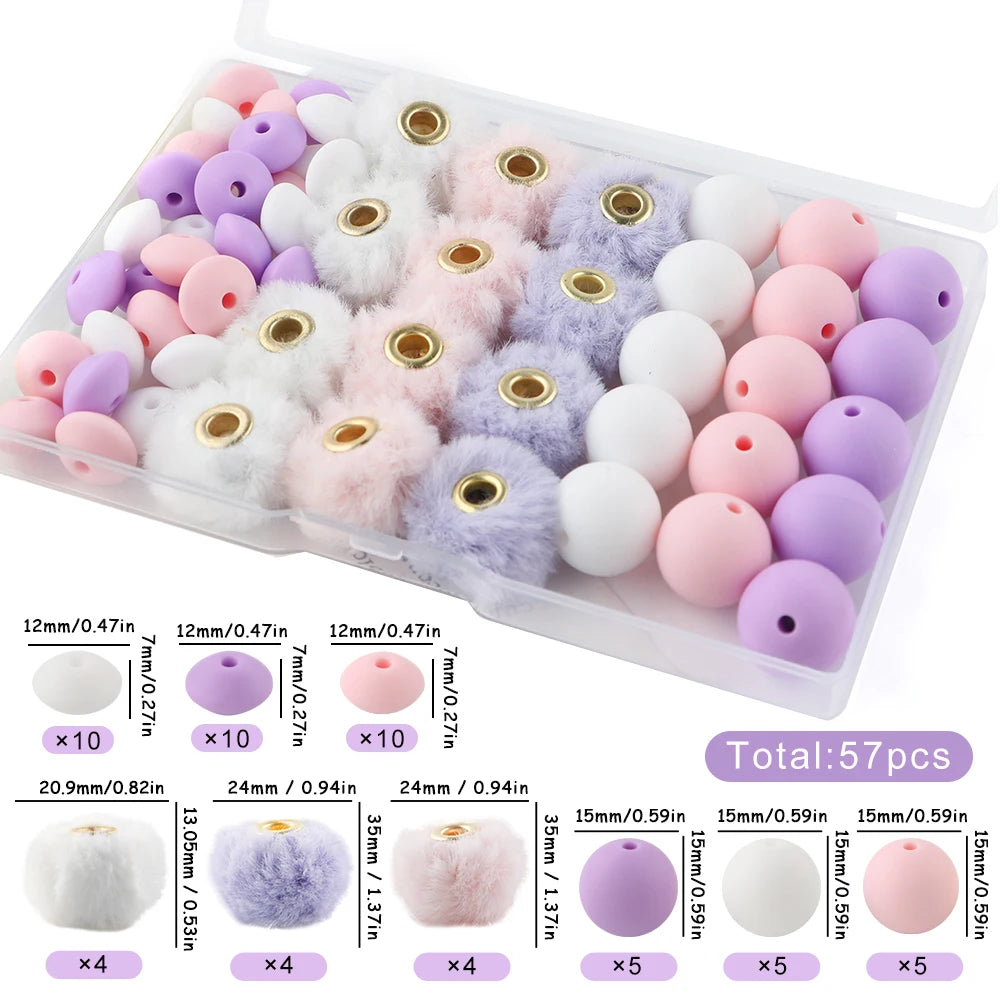 New 57pcs/Box Plush Fur Covered Ball Beads Round Lentil Beads Sets Bag For Jewelry Making DIY Pompom Pendant Necklace Earrings