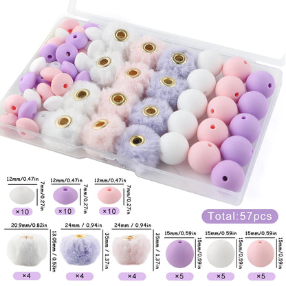 New 57pcs/Box Plush Fur Covered Ball Beads Round Lentil Beads Sets Bag For Jewelry Making DIY Pompom Pendant Necklace Earrings