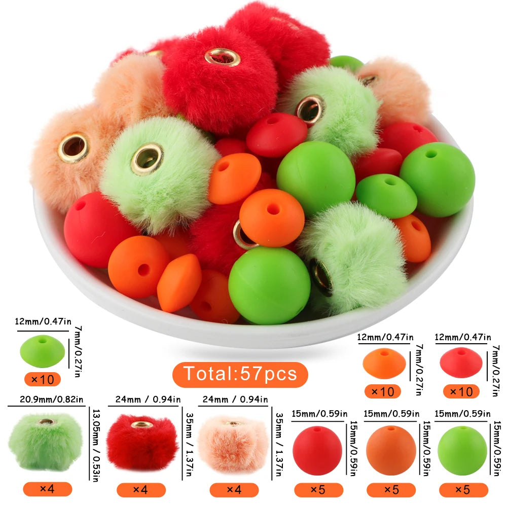 New 57pcs/Box Plush Fur Covered Ball Beads Round Lentil Beads Sets Bag For Jewelry Making DIY Pompom Pendant Necklace Earrings