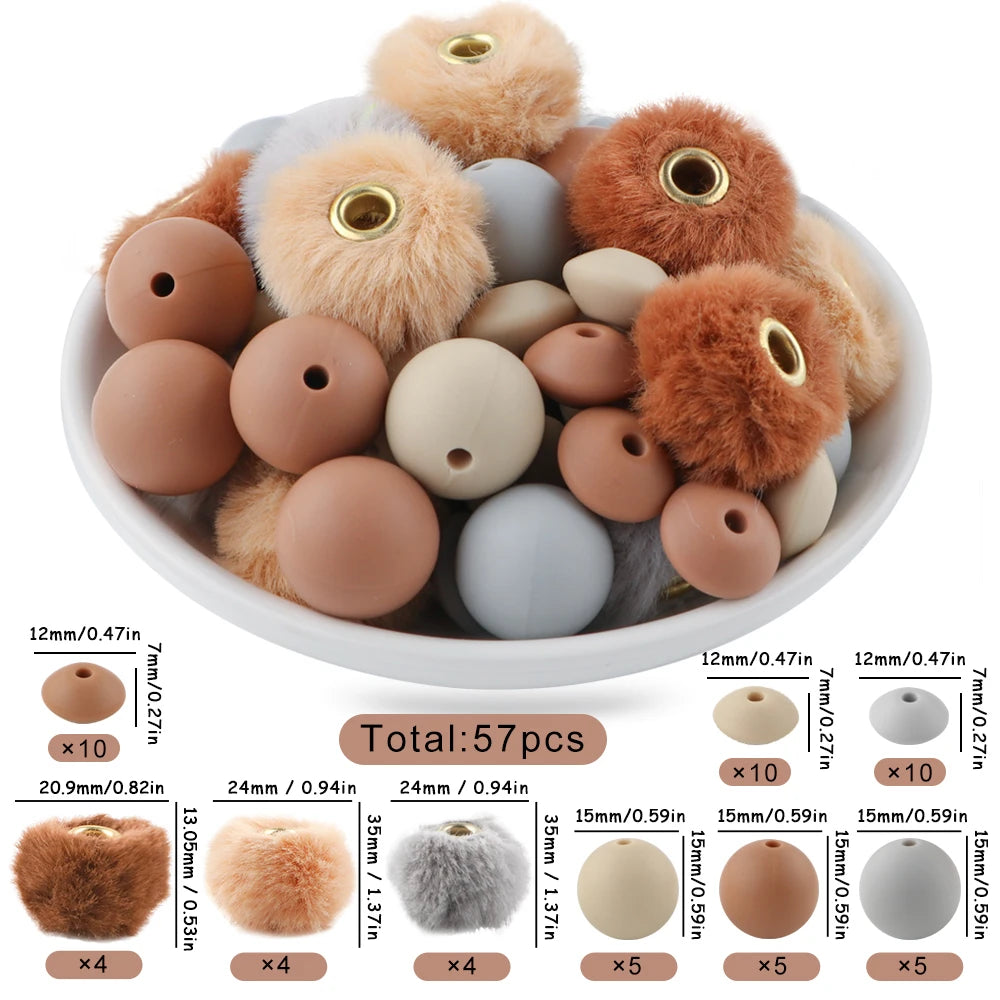 New 57pcs/Box Plush Fur Covered Ball Beads Round Lentil Beads Sets Bag For Jewelry Making DIY Pompom Pendant Necklace Earrings