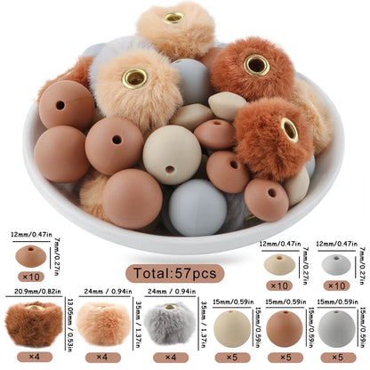 New 57pcs/Box Plush Fur Covered Ball Beads Round Lentil Beads Sets Bag For Jewelry Making DIY Pompom Pendant Necklace Earrings