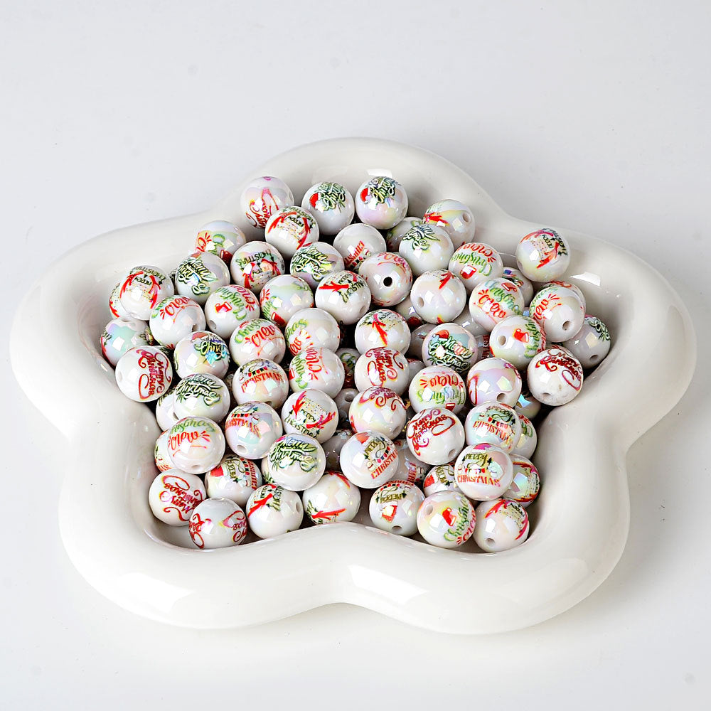 100Pcs 16mm solid color Christmas beads printed Santa Claus Christmas tree beaded DIY mobile phone chain bag chain accessories