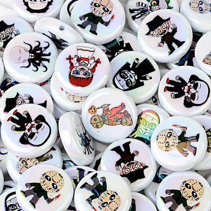 100Pcs 24mm Printed Halloween Killer Character Vertical Hole Flat Bead DIY Douyin Live Mobile Phone Rope Keychain