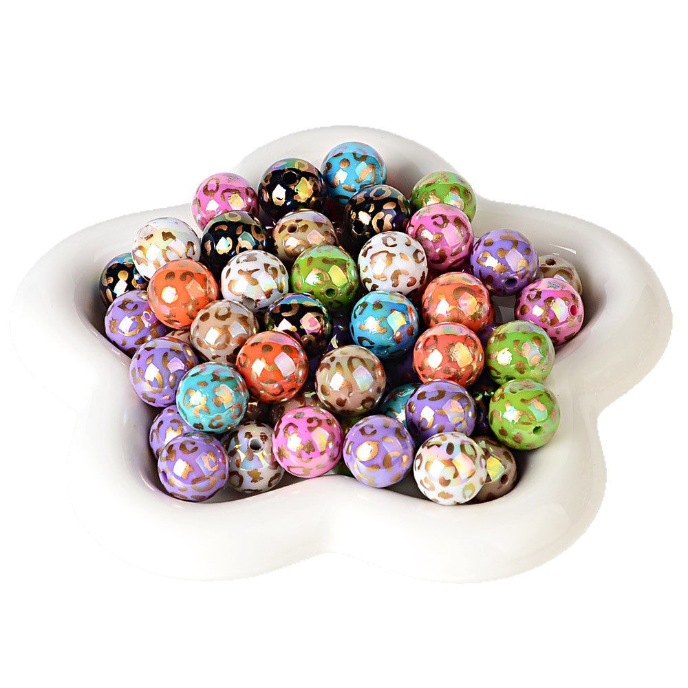 100Pcs 16mm cross-border UV electroplating leopard print through-hole round beads mobile phone chain keychain bead pen DIY loose bead material wholesale