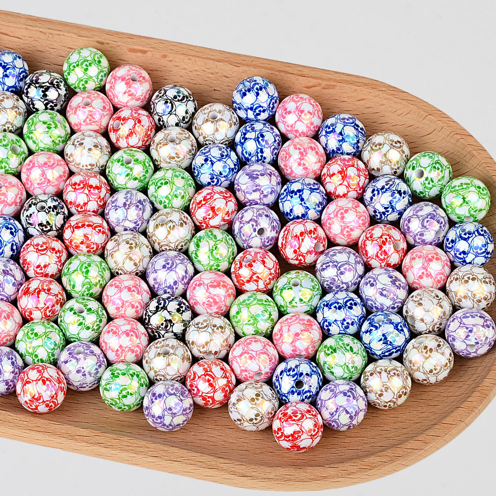 100Pcs Halloween full skull print acrylic round beads DIY mobile phone chain keychain bead pen accessories