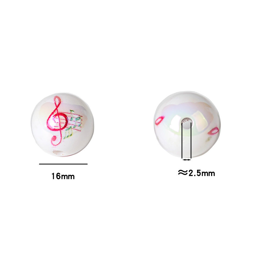 100Pcs acrylic solid color plated uv printing music note straight hole round beads DIY mobile phone keychain bead pen material wholesale
