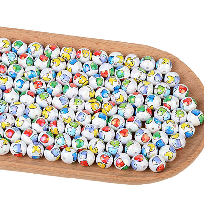 100Pcs 16mm printed Pac-Man cartoon straight hole round beads DIY Douyin live broadcast mobile phone rope keychain pen accessories