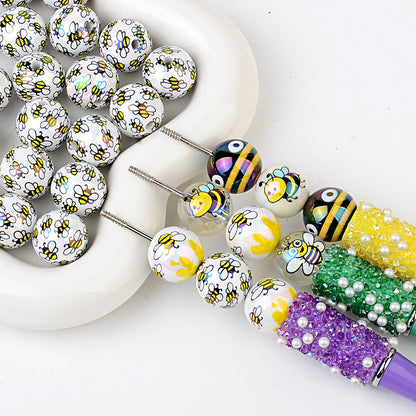 100Pcs acrylic plated cute little bee through hole round beads DIY handmade beaded necklace earrings bracelet accessories loose beads