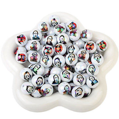 100Pcs 16mm Halloween grimace double-sided printed through-hole round beads DIY bead pen car hanging mobile phone chain loose bead accessories
