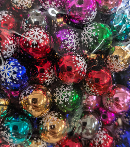 100Pcs 16mm metallic Christmas color snowflake printing round beads DIY handmade beaded loose beads mobile phone chain accessories