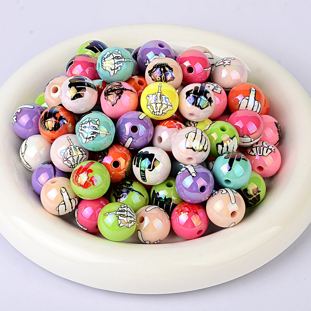 100Pcs multi-color colorful skull palm printing acrylic round beads American street punk style DIY loose bead accessories wholesale