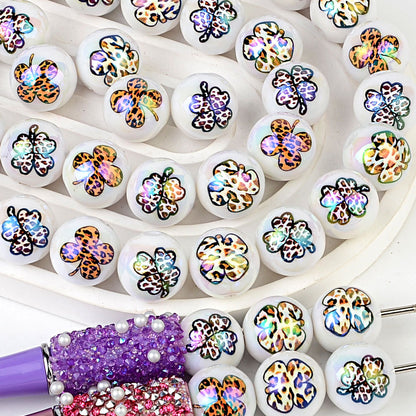 100Pcs 16mm acrylic printing four-leaf clover through-hole round beads DIY Douyin live broadcast mobile phone rope keychain pen accessories