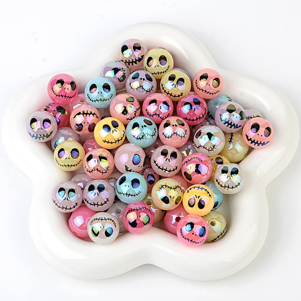 100Pcs Halloween Plated Skull Smiley Face Through Hole Round Beaded DIY Mobile Phone Chain Keychain Accessories Decorative Loose Beads
